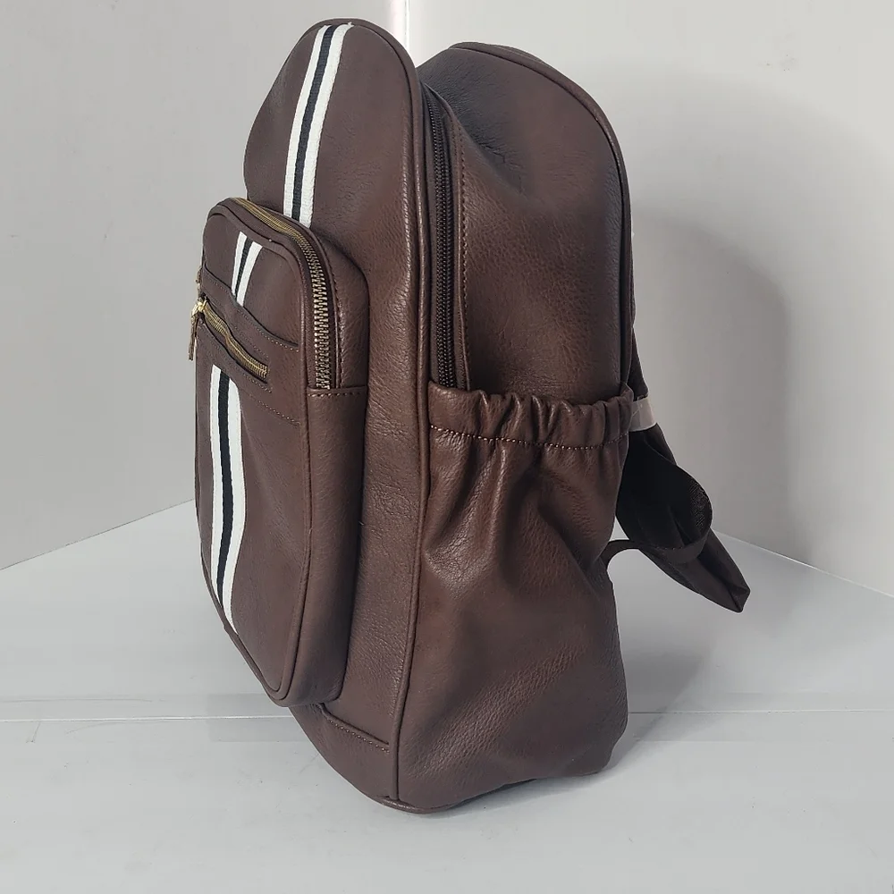 Men's Brown Leather Striped Fashion Unisex Backpack